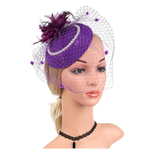 Filz Stoff Hochzeit Hut Mit Schleier Und Clip Perle Party Zylinder Mode Hut Fascinator Frauen Damen(HA5824-Purple) von TXLEAPEY