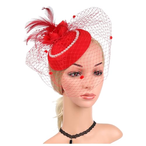Filz Stoff Hochzeit Hut Mit Schleier Und Clip Perle Party Zylinder Mode Hut Fascinator Frauen Damen(HA5824-Red) von TXLEAPEY