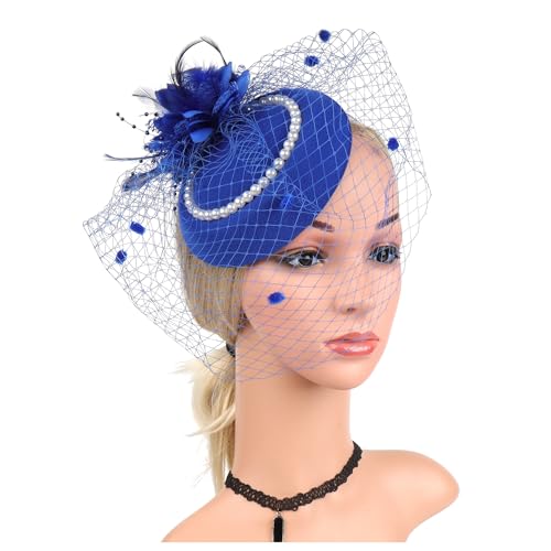 Filz Stoff Hochzeit Hut Mit Schleier Und Clip Perle Party Zylinder Mode Hut Fascinator Frauen Damen(HA5824-Royal Blue) von TXLEAPEY