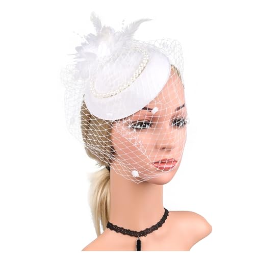 Filz Stoff Hochzeit Hut Mit Schleier Und Clip Perle Party Zylinder Mode Hut Fascinator Frauen Damen(HA5824-White) von TXLEAPEY