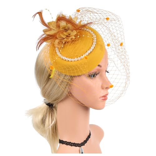 Filz Stoff Hochzeit Hut Mit Schleier Und Clip Perle Party Zylinder Mode Hut Fascinator Frauen Damen(HA5824-Yellow) von TXLEAPEY