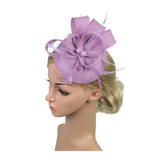Frauen Hochzeit Abend Party Mesh Stirnband Blume Hut Fascinator Caps Feder Damen Hut(Light Purple) von TXLEAPEY
