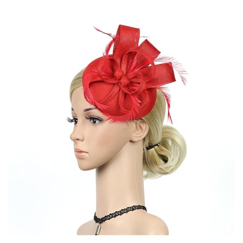 Frauen Hochzeit Abend Party Mesh Stirnband Blume Hut Fascinator Caps Feder Damen Hut(Red) von TXLEAPEY
