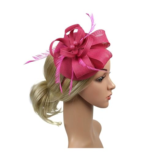 Frauen Hochzeit Abend Party Mesh Stirnband Blume Hut Fascinator Caps Feder Damen Hut(Rose Red) von TXLEAPEY