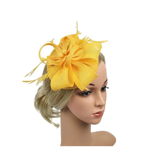 Frauen Hochzeit Abend Party Mesh Stirnband Blume Hut Fascinator Caps Feder Damen Hut(Yellow) von TXLEAPEY