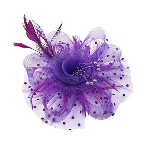 Party Fascinator Hut Mesh Feder Blume Dekor Kopfschmuck Hochzeit Kopfbedeckung Faux Perle Kopf Dekor Hut Braut Haar Zubehör(PURPLE) von TXLEAPEY