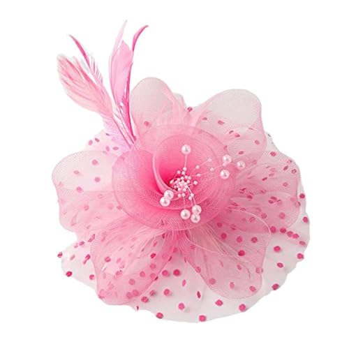 Party Fascinator Hut Mesh Feder Blume Dekor Kopfschmuck Hochzeit Kopfbedeckung Faux Perle Kopf Dekor Hut Braut Haar Zubehör(Pink) von TXLEAPEY