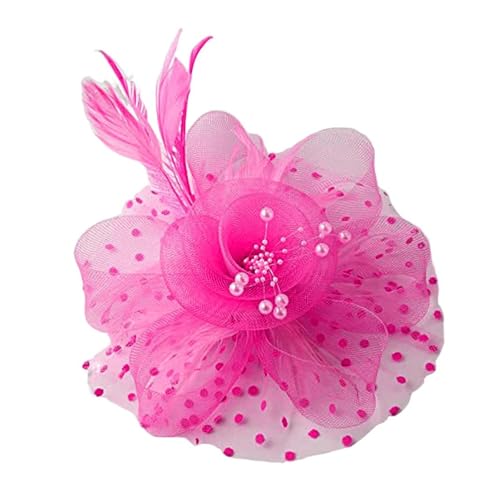 Party Fascinator Hut Mesh Feder Blume Dekor Kopfschmuck Hochzeit Kopfbedeckung Faux Perle Kopf Dekor Hut Braut Haar Zubehör(Rose Red) von TXLEAPEY
