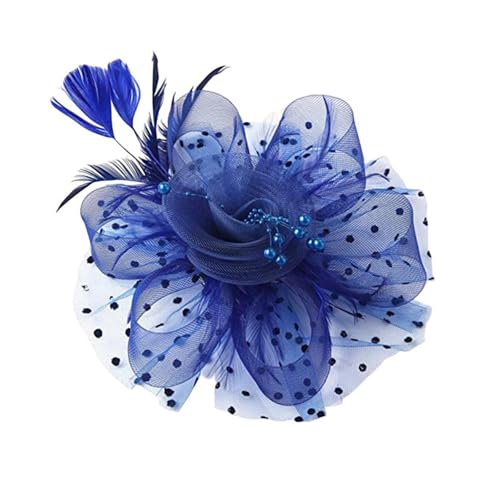 Party Fascinator Hut Mesh Feder Blume Dekor Kopfschmuck Hochzeit Kopfbedeckung Faux Perle Kopf Dekor Hut Braut Haar Zubehör(Royal Blue) von TXLEAPEY