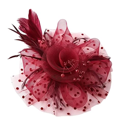 Party Fascinator Hut Mesh Feder Blume Dekor Kopfschmuck Hochzeit Kopfbedeckung Faux Perle Kopf Dekor Hut Braut Haar Zubehör(Wine red) von TXLEAPEY