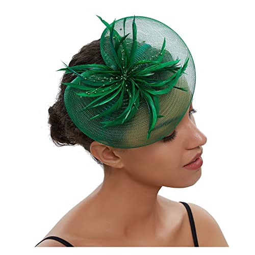 Party Prom Braut Feder Kopfschmuck Net Garn Haarnadel Kopf Blume Exquisite Kleine Hut frauen Fascinator(Dark green) von TXLEAPEY