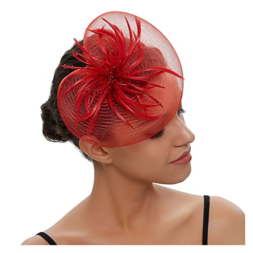 Party Prom Braut Feder Kopfschmuck Net Garn Haarnadel Kopf Blume Exquisite Kleine Hut frauen Fascinator(Red) von TXLEAPEY