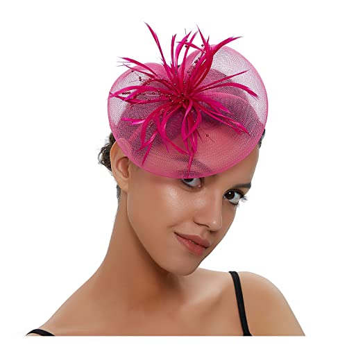 Party Prom Braut Feder Kopfschmuck Net Garn Haarnadel Kopf Blume Exquisite Kleine Hut frauen Fascinator(Rose Red) von TXLEAPEY