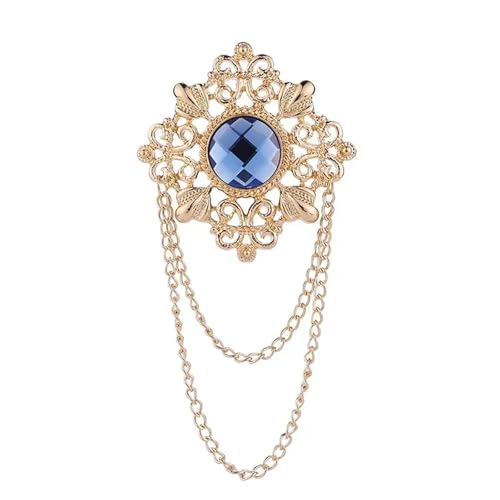 Retro Brosche Herren Anzug Pin Vintage Strass Quaste Anstecknadeln mit Kette Abzeichen Schmuck Zubehör(Gold Blue) von TXLEAPEY