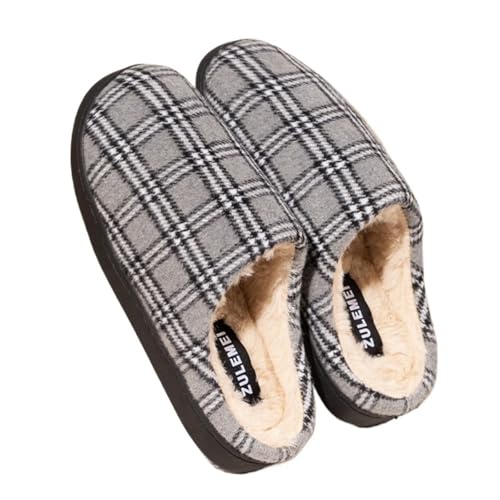 TXLEAPEY Gestreifte warme Hausschuhe for Herren, gemütliche rutschfeste Baumwoll-Mops for Paare, Winter, weiche Schuhe for das Schlafzimmer zu Hause(Grey,48-49) von TXLEAPEY