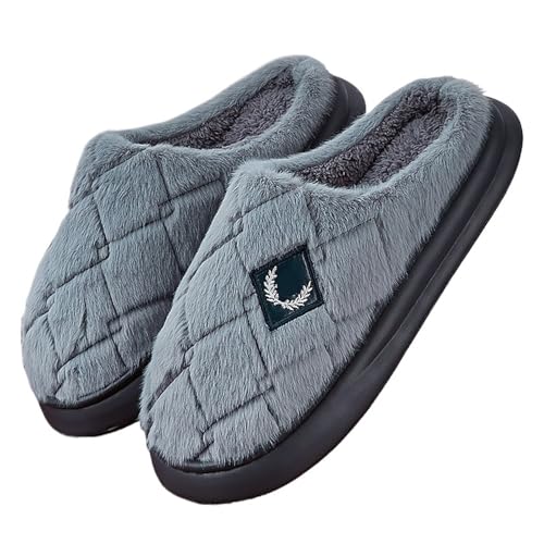TXLEAPEY Herren Hausschuhe Mit Pelzigem Karomuster, Gemütlich, Aus EVA-Memory-Schaum, Leichte Freizeitschuhe, Warme Winter-Plüsch-Rutsch-Hausschuhe, Große Größe(Blu,46-47) von TXLEAPEY