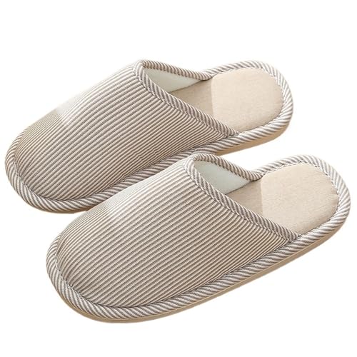 TXLEAPEY Übergröße 46-47 Herbst Winter Streifendruck Männer Frauen Hausschuhe Mann Slip On Mädchen Damen Flache Basic Home Schuhe(Khaki,Mark40-41(fit39-40)) von TXLEAPEY