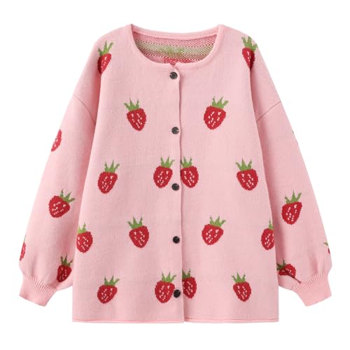 Damen Kawaii Strawberry Knit Oversized Sweater Cute Cardigan Open Front Aesthetic for Teen Girls Y2k Korean Jacket Tops, Pink, Einheitsgröße von TXYJJP