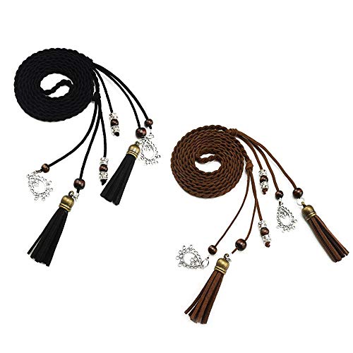 Exotische Damen Mädchen Gürtel Bauchkette mit Quaste und Holzperlen 150cm Lang Geflochtene Waist Belt (schwarz kaffee) von TY
