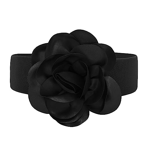 TeeYee Damen Mädchen Gürtel Fashion und Süß Groß Blume Elastische Breit Tailleband Waist Belt (schwarz) von TeeYee