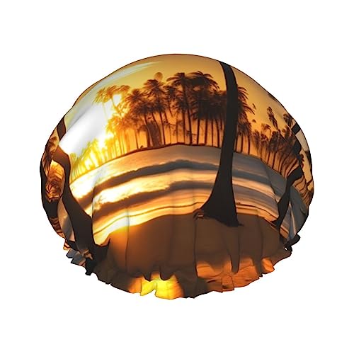 Badehut mit Sonnenaufgang und hinterleuchteten Palmen, doppellagig, für Damen, um langes und dickes Haar zu bedecken, wiederverwendbar, wasserdichte Motorhaube von TYANG