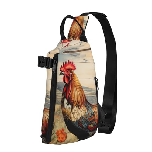 Hahn auf Holz im Farmland Print Trend Casual Crossbody Brusttasche Freizeit Reisen für Damen und Herren Crossbody-Tasche, Schwarz, Einheitsgröße, Schwarz, Einheitsgröße Hahn auf Holz im Farmland Print Trend Casual Crossbody Brusttasche Freizeit Reisen für Damen und Herren Crossbody-Tasche, Schwarz, Einheitsgröße, Schwarz, Einheitsgröße von TYANG