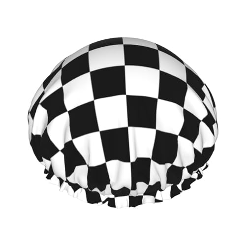 Schwarz-Weiß-karierte doppellagige Badekappe für Frauen, um langes und dickes Haar zu bedecken, wiederverwendbare wasserdichte Motorhaube von TYANG