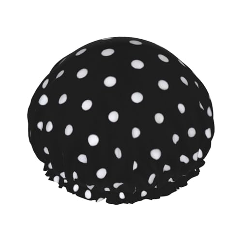 Schwarz-weiße gepunktete Doppelschicht-Badehaube für Frauen, um langes und dickes Haar zu bedecken, wiederverwendbar, wasserdichte Haube Schwarz-weiße gepunktete Doppelschicht-Badehaube für Frauen, um langes und dickes Haar zu bedecken, wiederverwendbar, wasserdichte Haube von TYANG