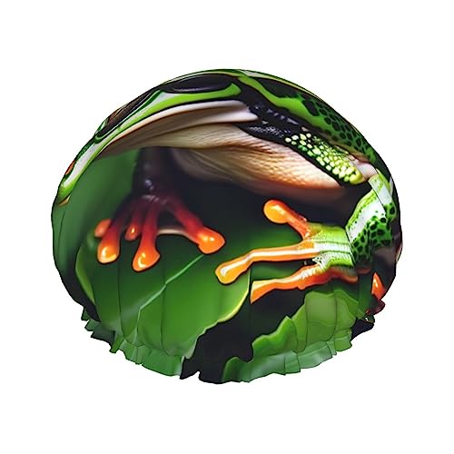 TYANG Tierfrosch Grüne Blattblätter Doppelschichtige Badekappe für Frauen zum Abdecken von langen und dicken Haaren, wiederverwendbare wasserdichte Motorhaube von TYANG
