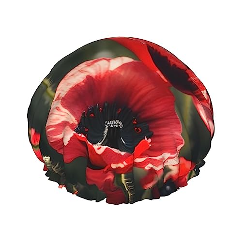 Wunderschöner roter Mohnblumen-Doppelschichtiger Badehut für Frauen, um langes und dickes Haar zu bedecken, wiederverwendbar, wasserdichte Haube von TYANG