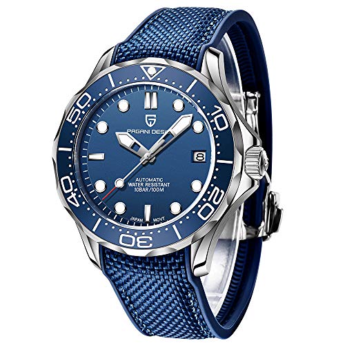 Pagani Design 1667 Herrenmode Automatik Taucheruhr NH35 Uhrwerk Drehbare Keramiklünette Wasserdicht Nylon Gummi Business Sport Selbstaufzug Uhr, Blau-Gummi, Armband von TYBERLEY