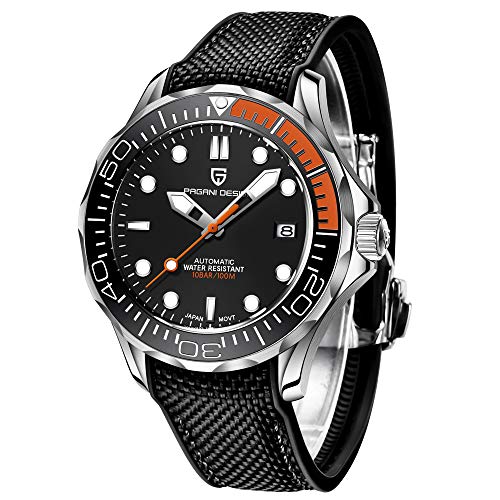 Pagani Design 1667 Herrenmode Automatik Taucheruhr NH35 Uhrwerk Drehbare Keramiklünette Wasserdicht Nylon Gummi Business Sport Selbstaufzug Uhr, Schwarz/Orange-Gummi von TYBERLEY