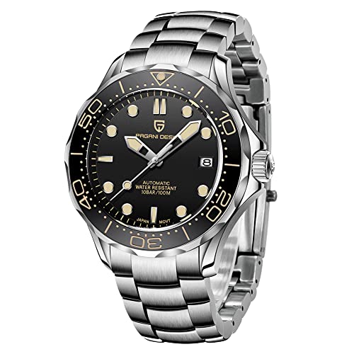Pagani Design 1667 Herrenmode Automatik Taucheruhr NH35 Uhrwerk Drehbare Keramiklünette Wasserdicht Nylon Gummi Business Sport Selbstaufzug Uhr, Schwarzer Edelstahl von TYBERLEY