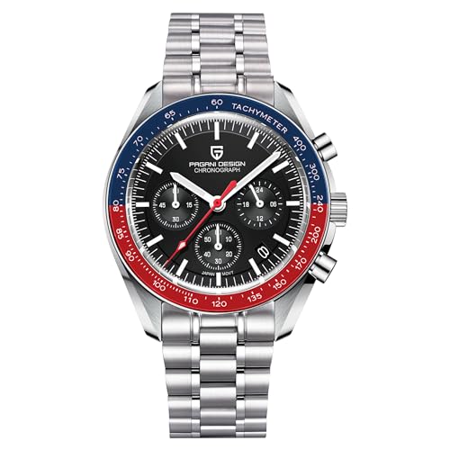 Pagani Design 1701 Herren Professionelle Chronograph Japan VK63 Quarzwerk Mond Armbanduhr Edelstahl 100M Wasserdicht Casual Analog Uhr Datum, Schwarz-Rot, Blau, V5 von TYBERLEY