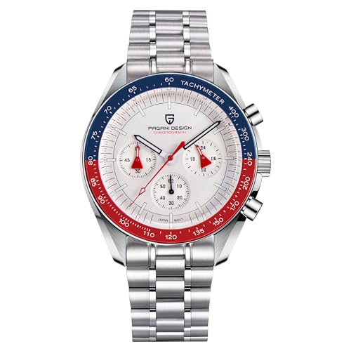 Pagani Design 1701 Herren Professionelle Chronograph Japan VK63 Quarzwerk Mond Armbanduhr Edelstahl 100M Wasserdicht Casual Analog Uhr Datum, Weiß-Rot, Blau-V5 von TYBERLEY