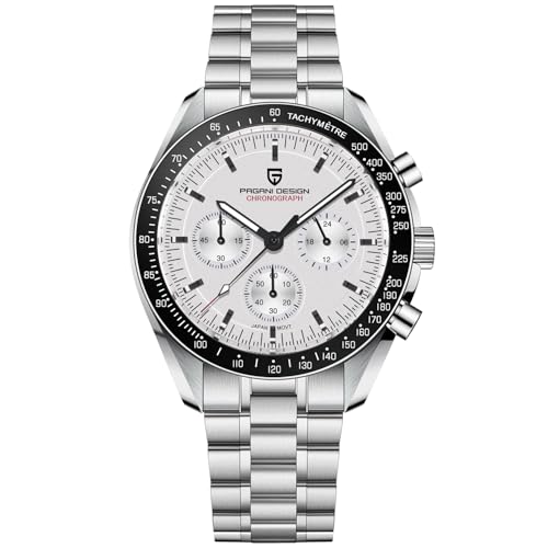 Pagani Design 1701 Herren Professionelle Chronograph Japan VK63 Quarzwerk Mond Armbanduhr Edelstahl 100M Wasserdicht Casual Analog Uhr Datum, Weiß-V5 von TYBERLEY