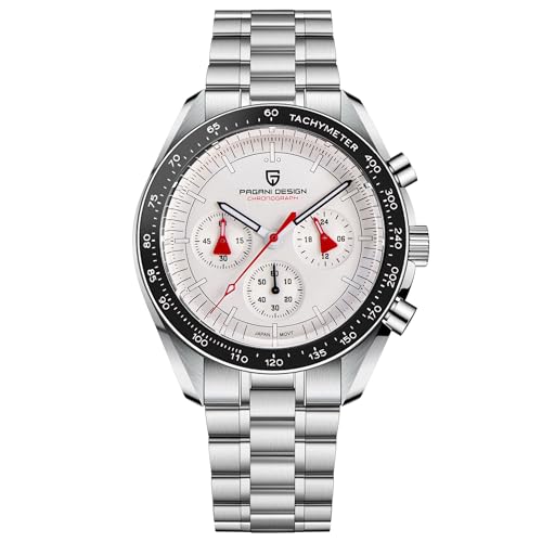 Pagani Design 1701 Herren Professionelle Chronograph Japan VK63 Quarzwerk Mond Armbanduhr Edelstahl 100M Wasserdicht Casual Analog Uhr Datum, Zeiger rot-weiß von TYBERLEY