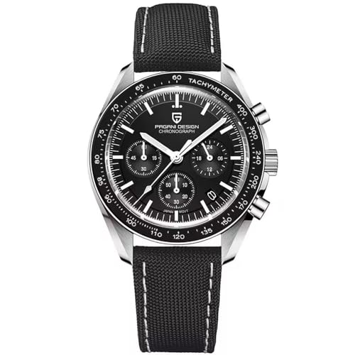 Pagani Design 1701 Herren Professionelle Chronograph Japan VK63 Quarzwerk Mond Armbanduhr Edelstahl 100M Wasserdicht Casual Analog Uhr Datum, Zeiger weiß-schwarz-v3-nylon von TYBERLEY