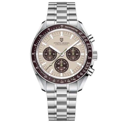 Pagani Design 1701 Herren Professionelle Chronograph Japan VK63 Quarzwerk Mond Armbanduhr Edelstahl 100M Wasserdicht Casual Analog Uhr Datum, braun grau von TYBERLEY