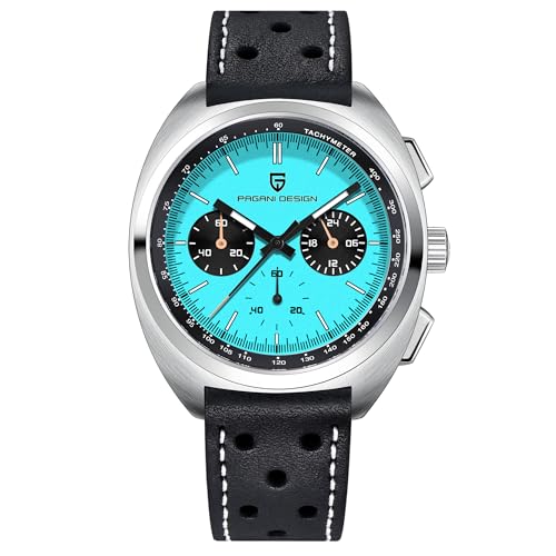 Pagani Design 1782 Herren Vintage Quarzuhr VK63 Uhrwerk Lederarmband Edelstahl Wasserdicht Chronograph Analog Multifunktional (Azul Cielo-Cuero) von TYBERLEY