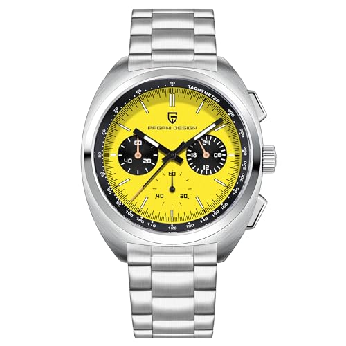 Pagani Design 1782 Herren Vintage Quarzuhr VK63 Uhrwerk Lederarmband Edelstahl Wasserdicht Chronograph Analog Multifunktional (Gelb-Edelstahl) von TYBERLEY