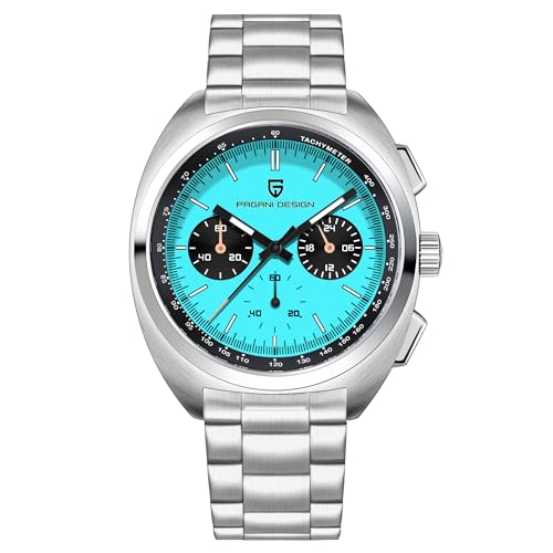 Pagani Design 1782 Herren Vintage Quarzuhr VK63 Uhrwerk Lederarmband Edelstahl Wasserdicht Chronograph Analog Multifunktional (Hellblauer Edelstahl) von TYBERLEY