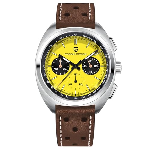 Pagani Design 1782 Herren Vintage Quarzuhr VK63 Uhrwerk Lederarmband Edelstahl Wasserdicht Chronograph Analog Multifunktional (Leder-Gelb) von TYBERLEY