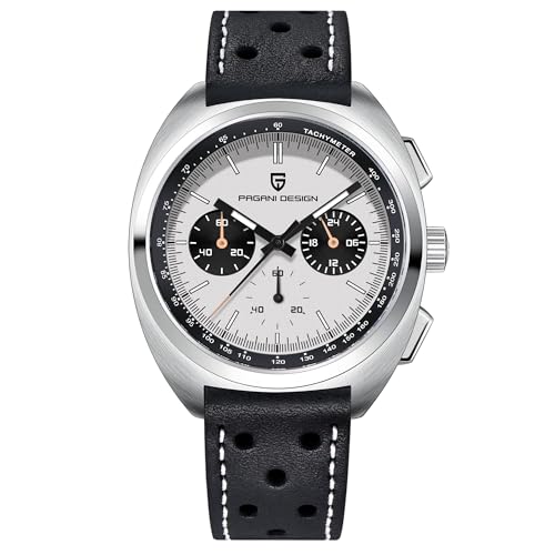 Pagani Design 1782 Herren Vintage Quarzuhr VK63 Uhrwerk Lederarmband Edelstahl Wasserdicht Chronograph Analog Multifunktional (Leder weiß) von TYBERLEY