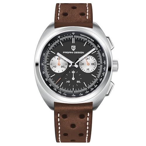 Pagani Design 1782 Herren Vintage Quarzuhr VK63 Uhrwerk Lederarmband Edelstahl Wasserdicht Chronograph Analog Multifunktional (Schwarzes Leder) von TYBERLEY
