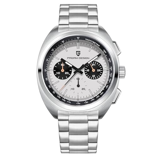 Pagani Design 1782 Herren Vintage Quarzuhr VK63 Uhrwerk Lederarmband Edelstahl Wasserdicht Chronograph Analog Multifunktional (Weißer Edelstahl) von TYBERLEY