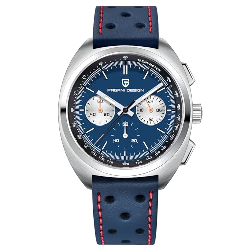 Pagani Design 1782 Herren Vintage Quarzuhr VK63 Uhrwerk Lederarmband Edelstahl Wasserdicht Chronograph Analog Multifunktional (blaues Leder) von TYBERLEY