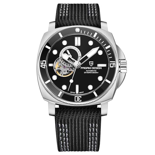 Pagani Design Herren Automatikuhr Tourbillon Skelett Mode Analoge Armbanduhren NH39 Uhrwerk 200M Wasserdicht Nylonband Leuchtend, Schwarzes Leder von TYBERLEY
