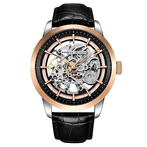 Pagani Design Klassisch Fashion Herren Skelett Automatik Mechanische Uhr Leder Armband Edelstahl Automatik Wasserdicht Business Analog Sport Armbanduhr, Goldfarben/Schwarz, Armband von TYBERLEY