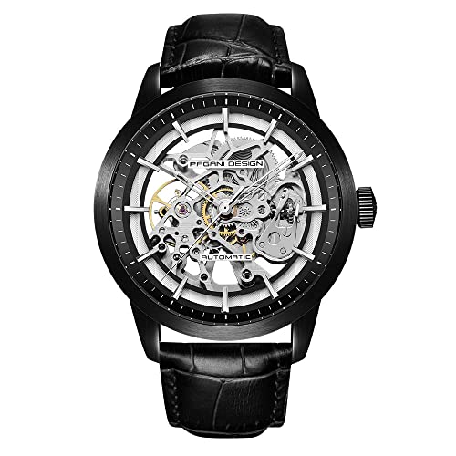 Pagani Design Klassische Mode Herren Skelett Automatik Mechanische Uhr Lederband Edelstahl Selbstaufzug Wasserdicht Business Analog Sport Armbanduhr, Schwarz von TYBERLEY